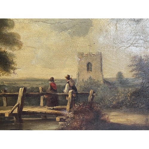 798 - 19th century, English school, figures on a bridge by a Church, oil on canvas, 35 x 44 cm