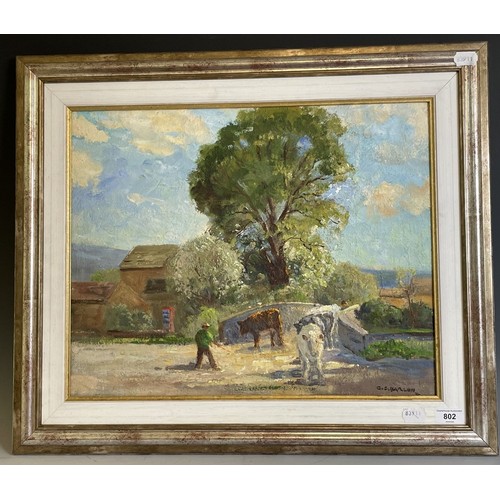 802 - J C Barlow, landscape with cattle, oil on board, signed, 42 x 50 cm