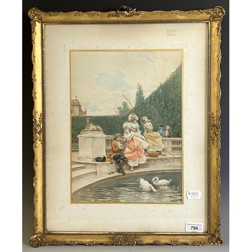 786 - An early 20th century hand coloured print, children by a pond, 34 x 23 cm, and another, 35 x 50 cm (... 