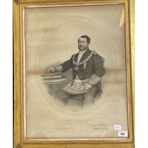 808 - A Masonic portrait print, Joseph Gundry, 56 x 42 cm