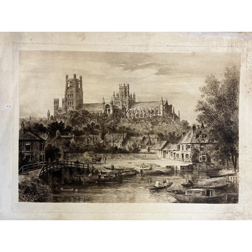 826 - 19th century, English school, a Cathedral, wash, 43 x 63 cm, and a print of the image, indistinctly ... 