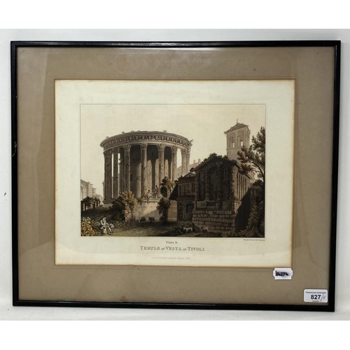 827 - A print, Pyramids of Caius Cestius, 30 x 39 cm, its pair, and three other prints (5)