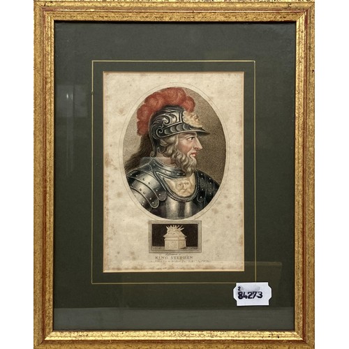 829 - A set of six prints, Kings of England, 17 x 12 cm, R W Miliken, print, signed in pencil, 33 x 42 cm,... 