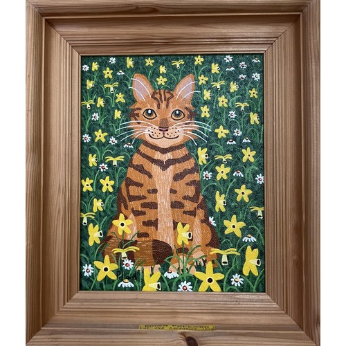 846 - Brian Pollard (British b 1946), Cat and Daffodils, oil on board, signed, 22 x 17 cm