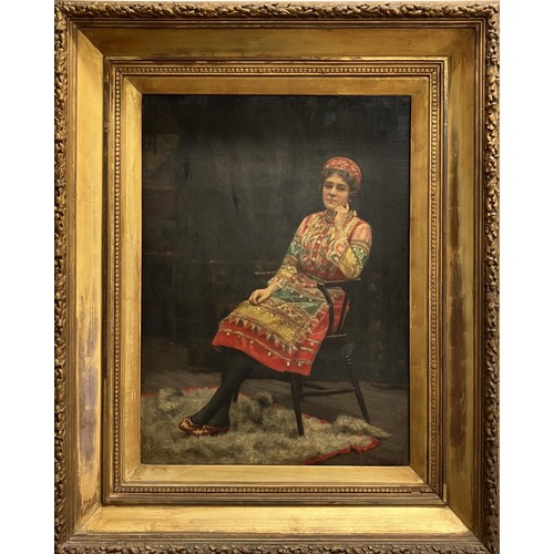 848 - E Rosher, Ethel Rees-Webbe aged 19 in Russian fancy dress, oil on canvas, indistinctly signed and da... 