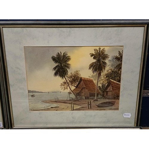 914 - A B Ibrahy, Eastern school, beach scene, watercolour, 25 x 35 cm, another, M Nar, two figures on a b... 