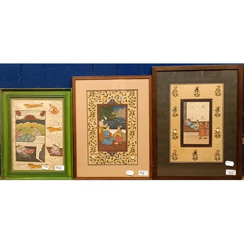 912 - Persian school, figure on a balcony, 30 x 22 cm, and two others (3)