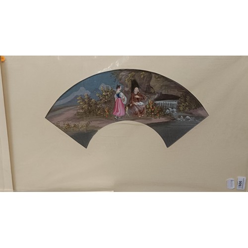 909 - A fan picture, two figures by a waterfall, 44 cm wide, mounted, and two others (3)