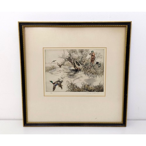 659 - Henry Wilkinson, duck hunt, limited edition print, 1/25, signed, 24 x 29 cm