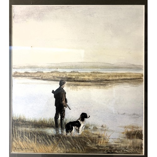 727 - Jay Wilkinson, a man with shotgun and dog, watercolour, signed and dated '81, 30 x 25 cm