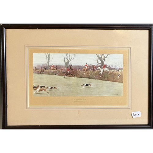 691 - A Cecil Aldin coloured print, The Blackmore Vale, a Scottish horn flask, 24 cm, a rattle and a hoof ... 