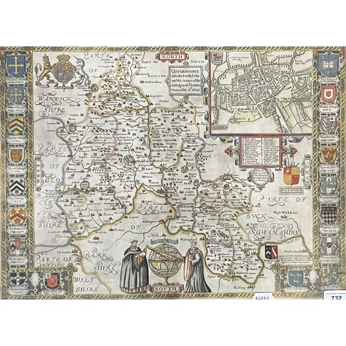 732 - A John Speede coloured map, of Oxfordshire, dated 1605, 36 x 51 cm