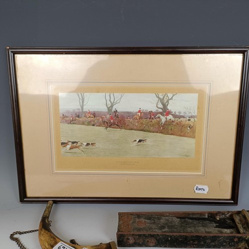 691 - A Cecil Aldin coloured print, The Blackmore Vale, a Scottish horn flask, 24 cm, a rattle and a hoof ... 