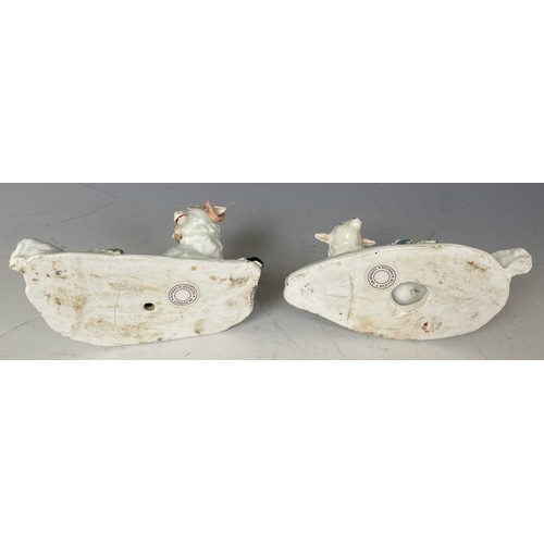 1856 - A late 18th century Derby porcelain ram and ewe, 13 cm wide, Roderick Jellicoe labels to baseProvena... 