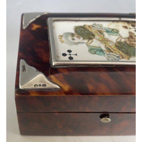 1862 - A 19th century tortoiseshell and silver mounted card box, 11 cm wide