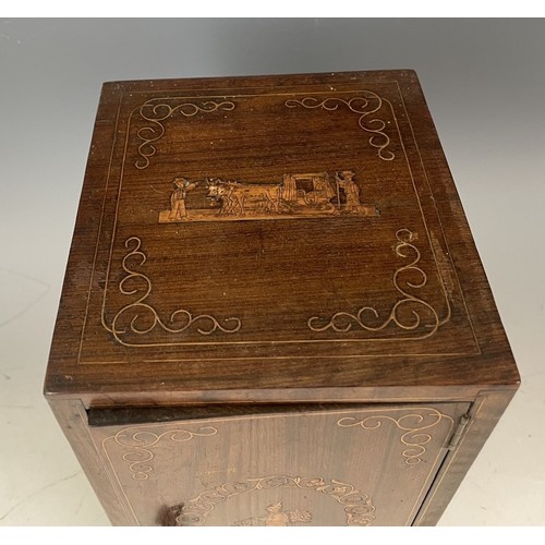 1863 - A 19th century Italian table top collectors cabinet, inlaid with figures, the hinged door to reveal ... 