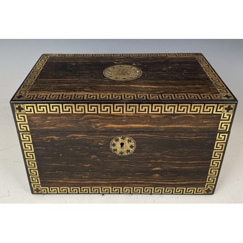 1864 - A 19th century coromandel and brass inlaid tea caddy, fitted two satinwood caddies, 26 cm wide