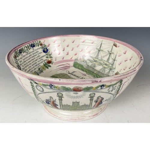 1865 - A 19th century Sunderland pottery lustre bowl, James & Sarah South, 1858, decorated ships, 29 cm... 