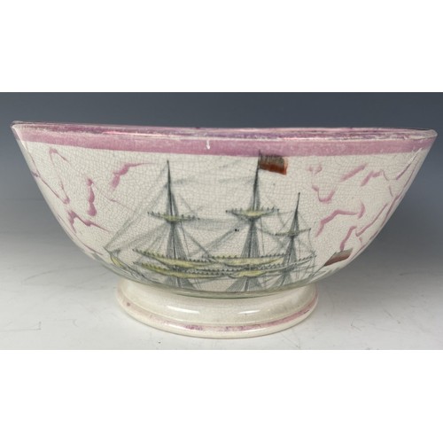 1865 - A 19th century Sunderland pottery lustre bowl, James & Sarah South, 1858, decorated ships, 29 cm... 