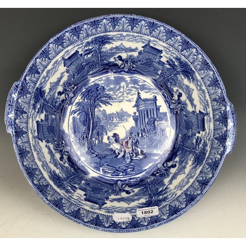 1802 - A late 19th century Cauldon blue and white basin or cream pan, decorated classical scenes, 40 cm dia... 