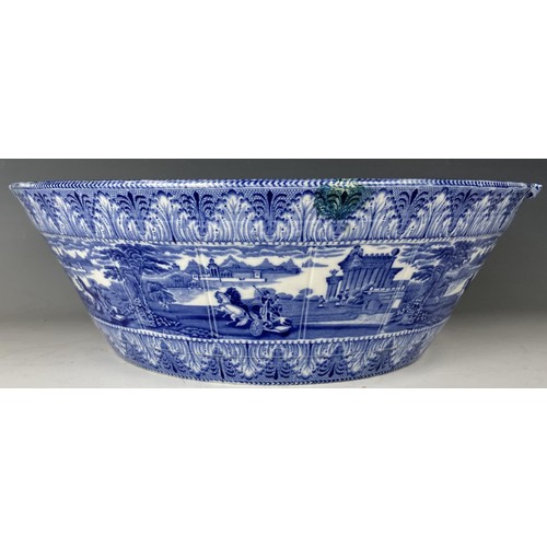 1802 - A late 19th century Cauldon blue and white basin or cream pan, decorated classical scenes, 40 cm dia... 