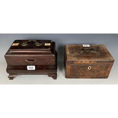 1808 - A mahogany tea caddy, 24 cm wide, two boxes, and a brass lamp