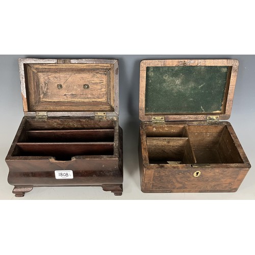 1808 - A mahogany tea caddy, 24 cm wide, two boxes, and a brass lamp