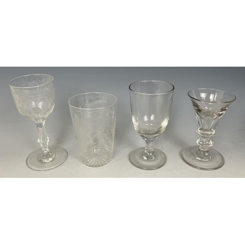 1815 - An 18th/19th century wine glass, four other glasses, a tyg, and two plates