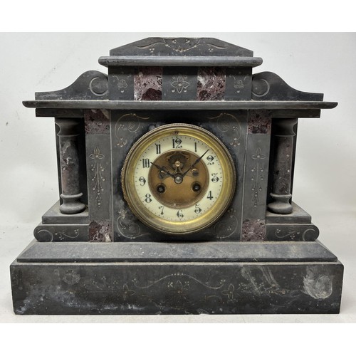 1828 - A mantel clock, in a polished slate case, 35 cm wide, and three others (4)