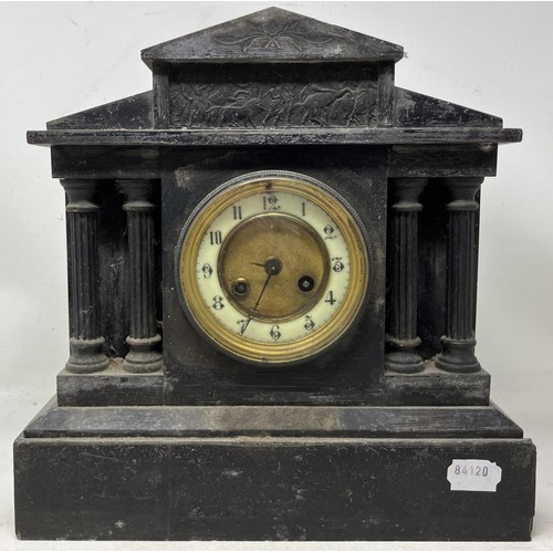 1828 - A mantel clock, in a polished slate case, 35 cm wide, and three others (4)