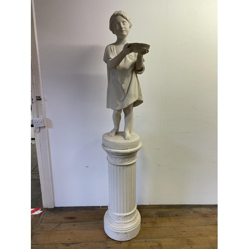 1903 - A plaster composition figure, of a young boy holding a bowl with outstretched arms, on a column base... 