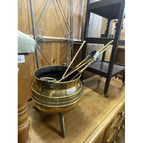 1952 - A mahogany whatnot, a brass cauldron, fire irons, a corner shelf, and a stool (6)