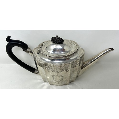 24 - A George III silver teapot, with an ebonised handle, London 1795, all in 14.63 ozt