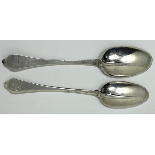 58 - Two matching 18th century silver trefid rat tail spoons, marks rubbed, 1.2 ozt