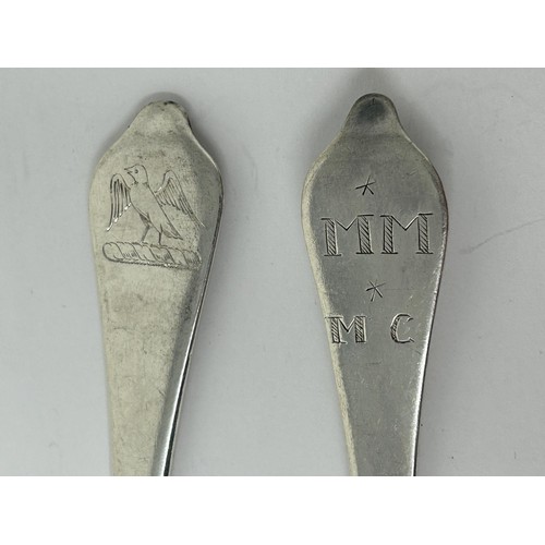 58 - Two matching 18th century silver trefid rat tail spoons, marks rubbed, 1.2 ozt