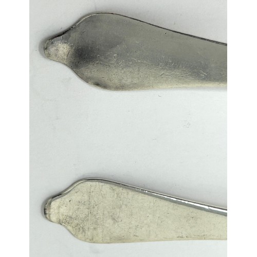 58 - Two matching 18th century silver trefid rat tail spoons, marks rubbed, 1.2 ozt