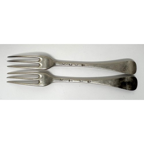 59 - A pair of George I silver Old English pattern three pronged forks, London 1724, 3.6 ozt