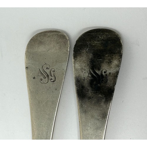 59 - A pair of George I silver Old English pattern three pronged forks, London 1724, 3.6 ozt