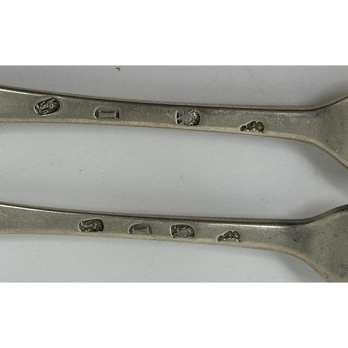 59 - A pair of George I silver Old English pattern three pronged forks, London 1724, 3.6 ozt