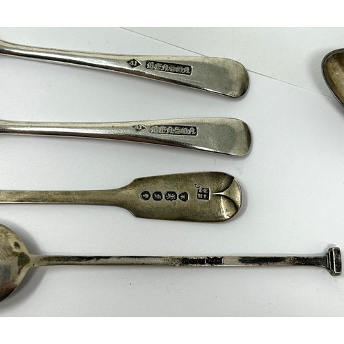 60 - A George III fiddle pattern mustard spoon, assorted other teaspoons, 2 ozt, and three sets of six si... 