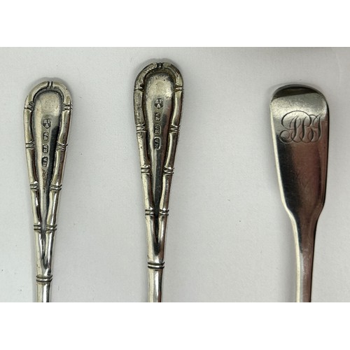 60 - A George III fiddle pattern mustard spoon, assorted other teaspoons, 2 ozt, and three sets of six si... 