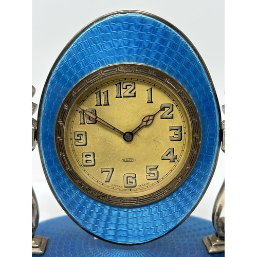 65 - A George V silver and blue enamel bedside clock, Birmingham 1928