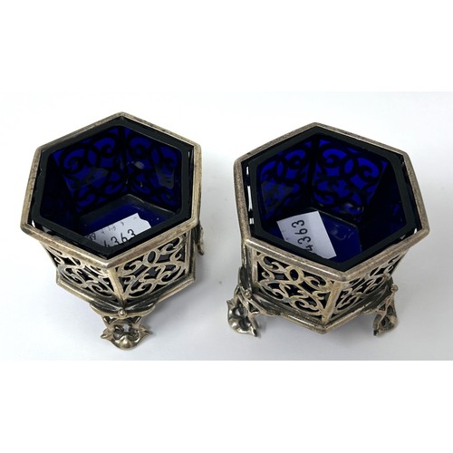 74 - A pair of early Victorian hexagonal pierced silver salts, London 1840, 7.2 ozt, with blue glass line... 