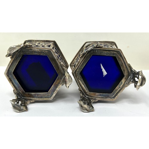 74 - A pair of early Victorian hexagonal pierced silver salts, London 1840, 7.2 ozt, with blue glass line... 