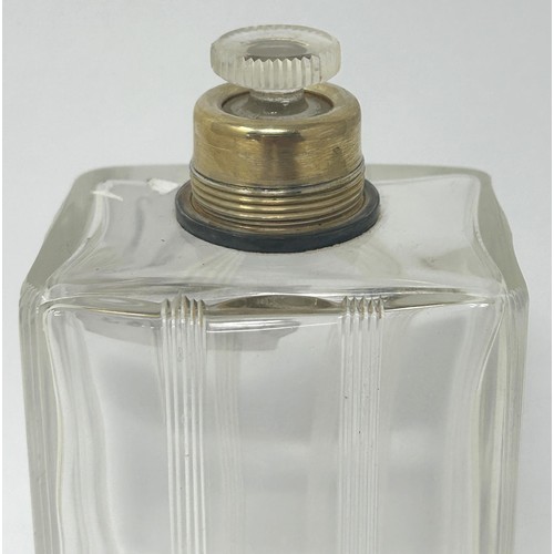 94 - A silver, blue and white enamel topped glass perfume bottle, 12 cm high