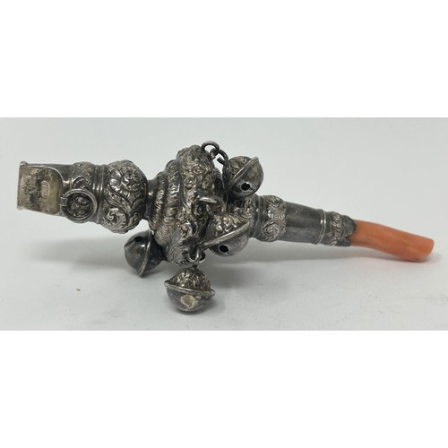 145 - A silver and coral baby's rattle, marks rubbed