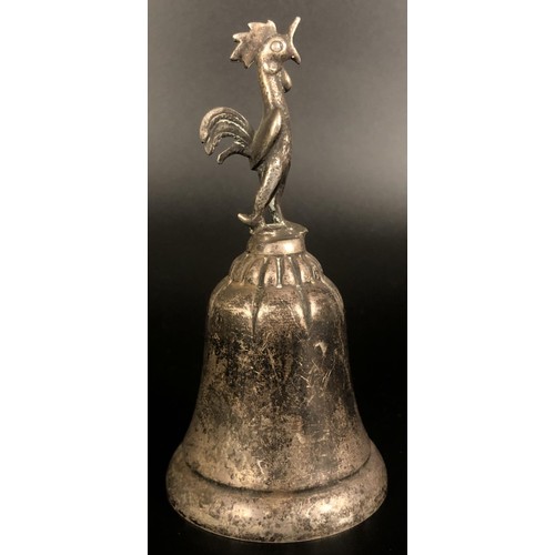 172 - A Continental silver coloured metal bell, with a cockerel finial, 14 cm high