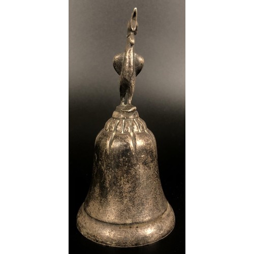 172 - A Continental silver coloured metal bell, with a cockerel finial, 14 cm high