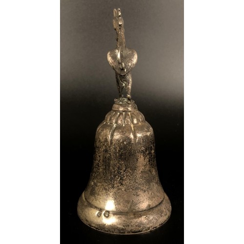 172 - A Continental silver coloured metal bell, with a cockerel finial, 14 cm high