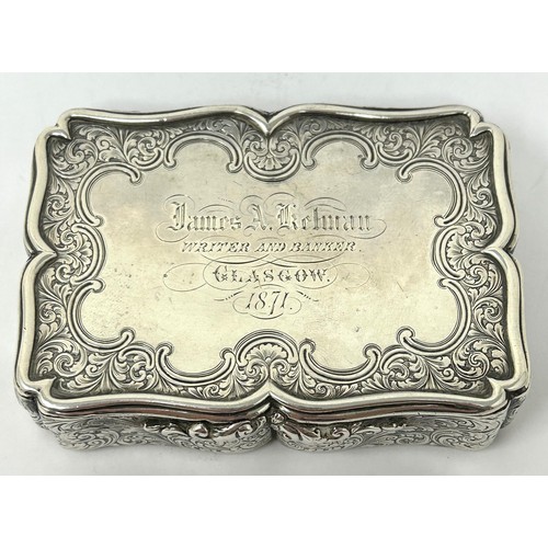 177 - An early Victorian silver snuff box, Birmingham 1847, with a later presentation inscription, 5.2 ozt